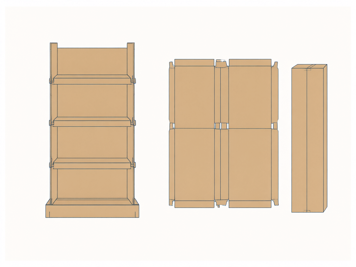 Illustration of a floor display assembled, flat-packed and in its export carton, Birtleypack