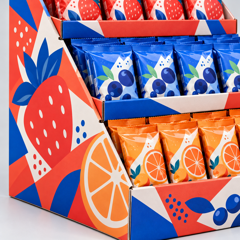 Three-tier cardboard snack display tray and side-panel details